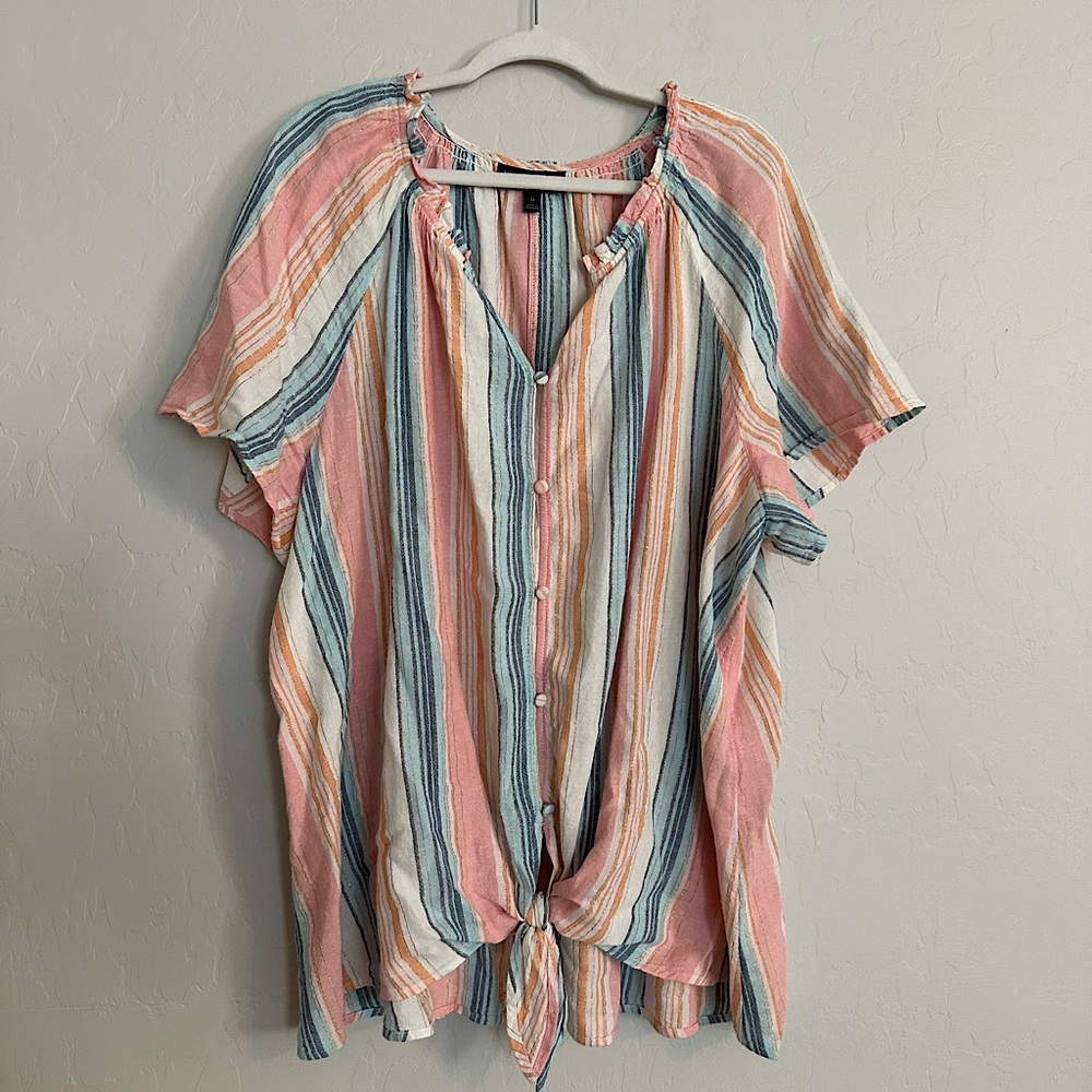 Lane Bryant Top Stripe V Tie Front Linen Blend Short Sleeve Blouse Top size 24
